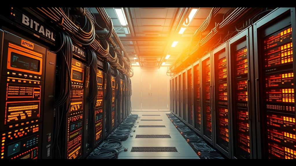 Photorealistic visualization of mining operations with powerful computers and cooling systems, showing the computational work securing Bitcoin network, with digital data streams flowing through hardware