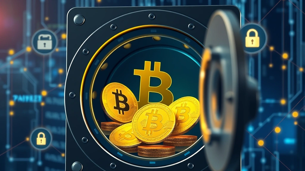 Photorealistic representation of a digital vault containing golden Bitcoin symbols, representing store of value concept with modern security elements and transparent blockchain network in background