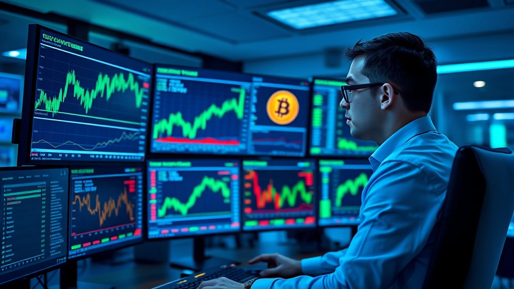 Photorealistic image of a professional cryptocurrency analyst reviewing multiple digital screens displaying Bitcoin price charts and blockchain data in a modern trading room with blue and green ambient lighting
