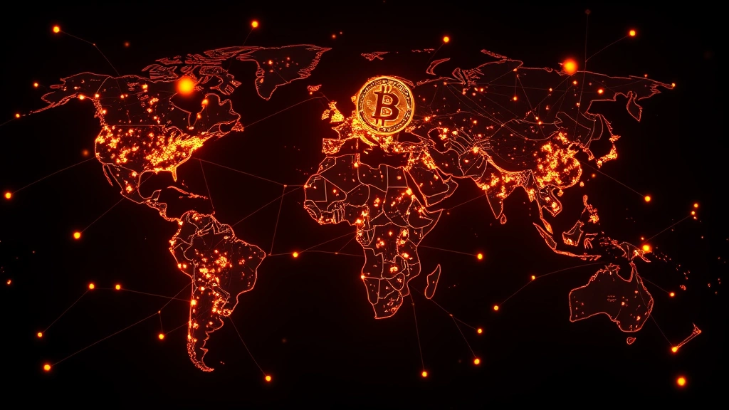Photorealistic visualization of Bitcoin network nodes distributed across a global map with glowing connections and data flow, representing blockchain infrastructure and decentralized transactions