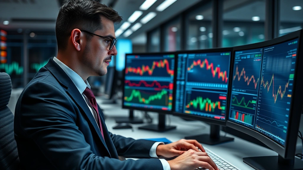 Photorealistic image of an institutional investor or fund manager in business attire analyzing portfolio metrics on advanced trading terminals with cryptocurrency market data displayed, modern office environment