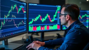 A professional cryptocurrency trader analyzing Bitcoin charts on multiple screens with blue and green candlestick data visualization displayed, showing upward trending price movement and increasing volume indicators on a modern trading terminal setup