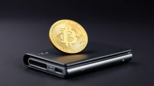 Close-up of a physical Bitcoin coin resting on a sleek hardware wallet device against a dark gradient background, emphasizing security and digital asset protection