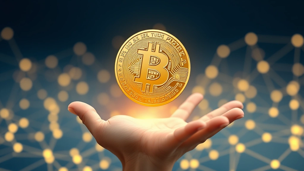 Digital Bitcoin coin floating above an open hand with blockchain network patterns in soft blue and gold lighting, photorealistic, no text