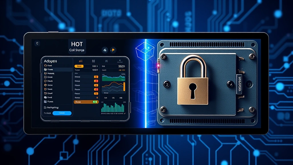 Split-screen showing a digital wallet interface on one side and a hardware security device on the other, representing hot and cold storage solutions with blockchain technology visual elements