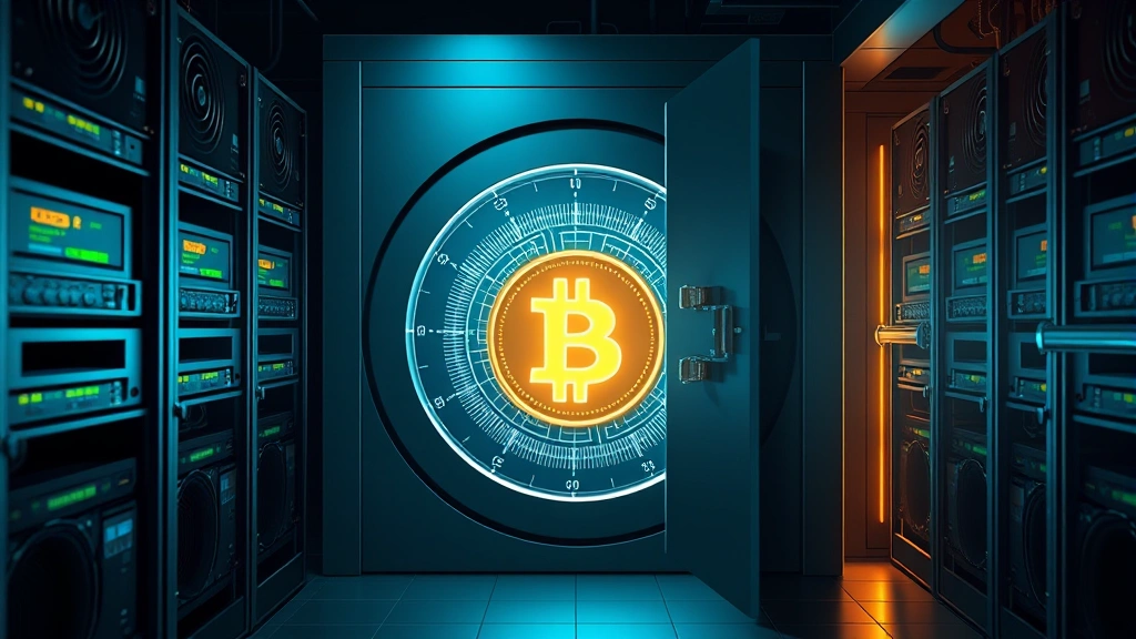 A secure safe vault door slightly open with digital lock mechanism glowing, surrounded by cryptocurrency mining rigs and blockchain network nodes, symbolizing cold storage and Bitcoin security infrastructure