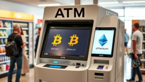 Sleek modern cryptocurrency ATM machine with illuminated touchscreen displaying Bitcoin and Ethereum logos, positioned in a bright convenience store setting with customers in background, photorealistic high-resolution