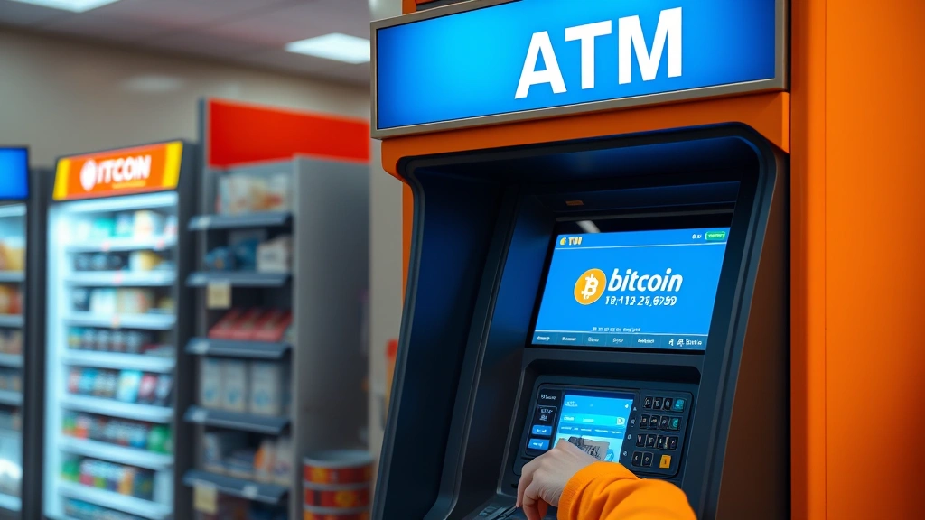 Modern Bitcoin ATM kiosk in a convenience store with digital screen displaying Bitcoin price, person inserting cash into machine, blue and orange lighting scheme, photorealistic
