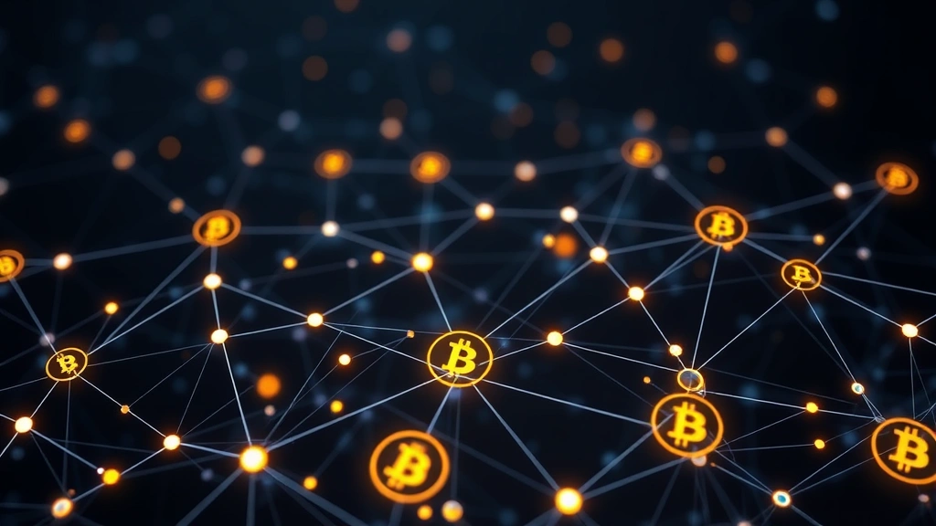 Cryptocurrency blockchain network visualization showing interconnected nodes and data flowing between them, abstract digital landscape with Bitcoin symbols, dark background with glowing connections
