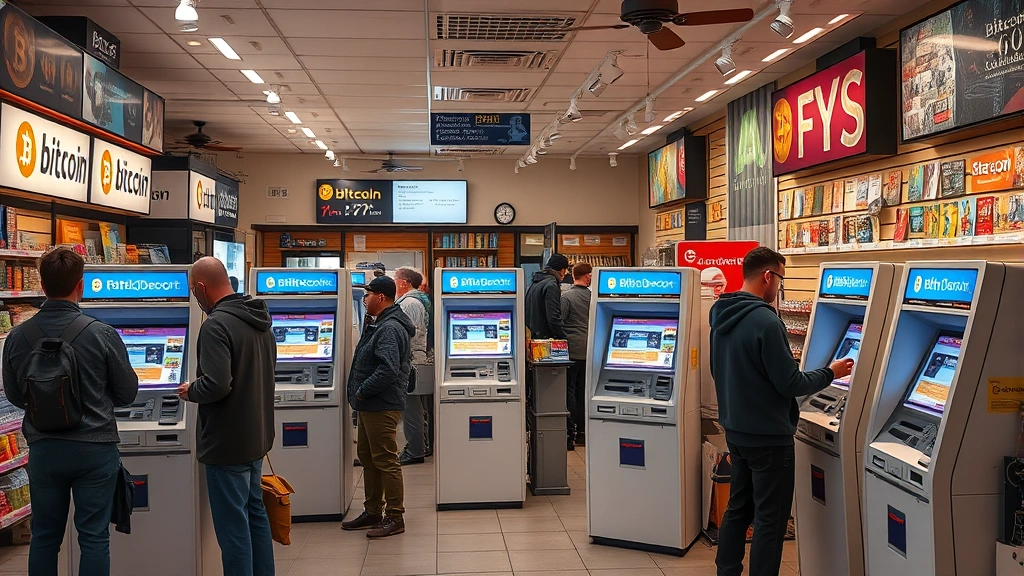 Busy retail convenience store interior with multiple Bitcoin Depot ATM machines positioned throughout space, customers conducting transactions, warm retail lighting, realistic store environment