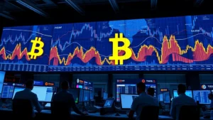Modern cryptocurrency exchange trading floor with Bitcoin blockchain visualization on large display screens, traders analyzing data, professional financial environment, high-tech infrastructure, blue and gold lighting