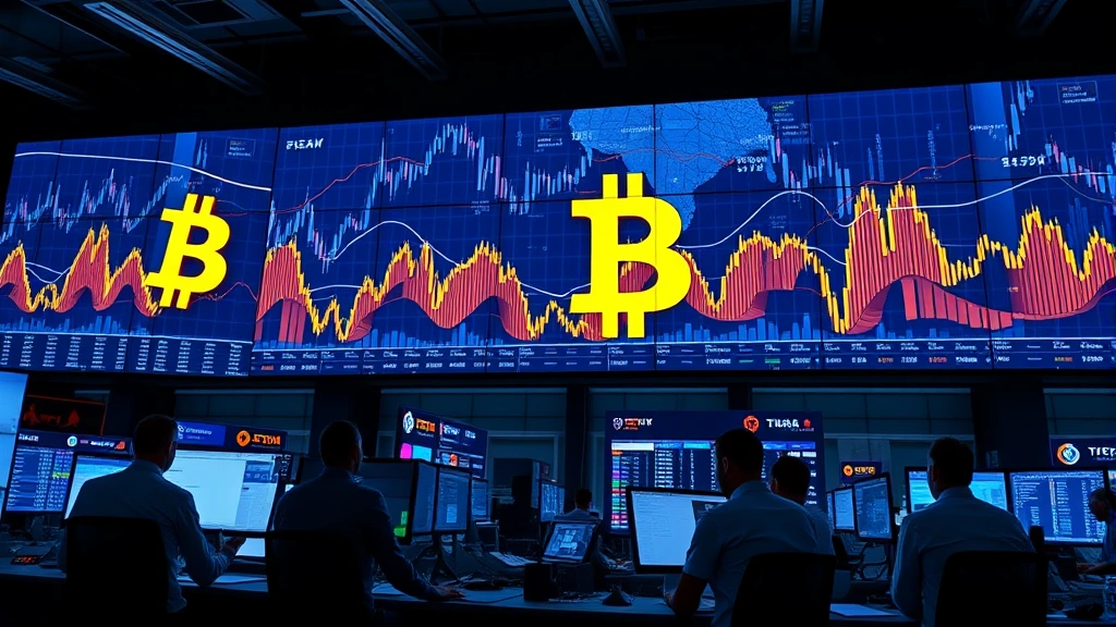 Modern cryptocurrency exchange trading floor with Bitcoin blockchain visualization on large display screens, traders analyzing data, professional financial environment, high-tech infrastructure, blue and gold lighting