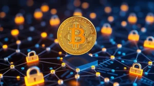 Digital cryptocurrency bitcoin coin floating above a secure blockchain network with glowing connections and cryptographic locks, representing institutional-grade security and custody infrastructure