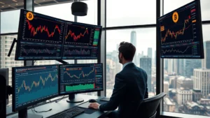 Photorealistic image of a professional investment advisor in business attire reviewing cryptocurrency market data on multiple high-resolution monitors displaying Bitcoin charts and financial metrics in a modern glass-walled office with city skyline visible through windows