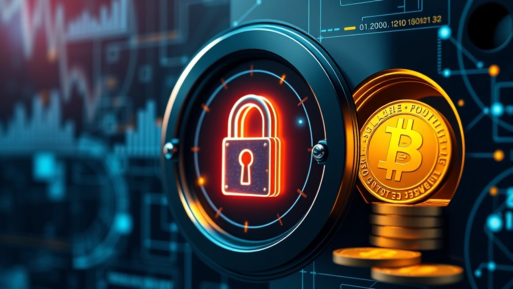 Secure digital vault concept with glowing padlock symbols protecting golden Bitcoin coins, blockchain network nodes visible in background, cybersecurity infrastructure, professional financial technology aesthetic