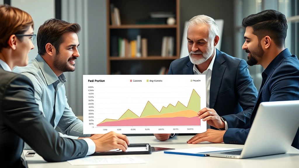 Professional financial advisor meeting with diverse clients reviewing portfolio diversification chart showing bitcoin allocation alongside traditional stocks bonds and commodities