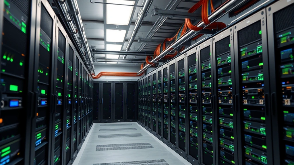 Photorealistic image of a modern cryptocurrency mining facility interior showing rows of specialized ASIC mining hardware with blue and green LED indicators, proper cable management, and industrial cooling systems in a secure data center environment