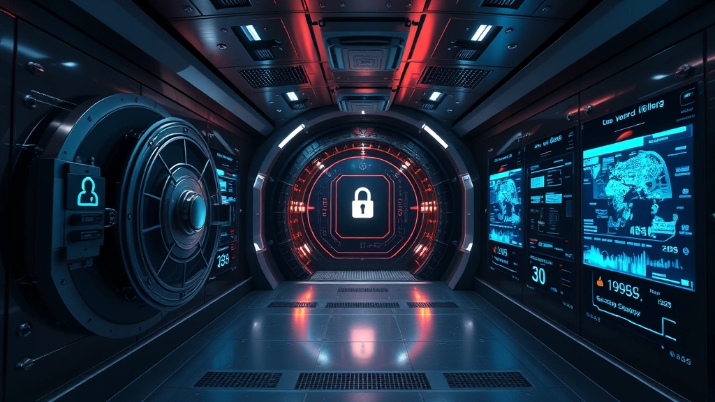 Modern high-security vault interior with advanced surveillance and multiple encryption layers protecting digital assets, symbolizing vanguard's institutional custody and protection standards