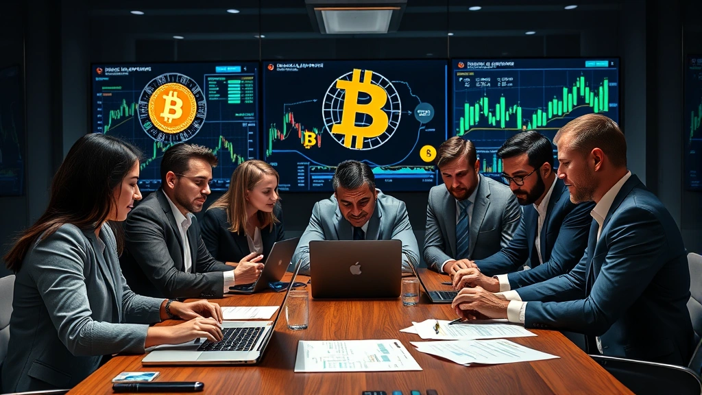 Photorealistic image of a diverse team of financial analysts in professional business clothing collaborating around a conference table with laptops and financial documents, discussing investment strategy with Bitcoin and blockchain visualization screens in background