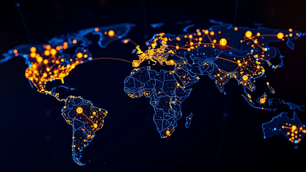 Bitcoin network nodes distributed globally with interconnected pathways, representing decentralized monetary system architecture, nodes lit in blue and gold colors against dark background