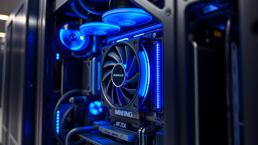 Close-up of graphics processing unit (GPU) mining rig with blue LED lighting, showing circuit boards and cooling systems, cryptocurrency mining hardware in professional data center environment, photorealistic detail