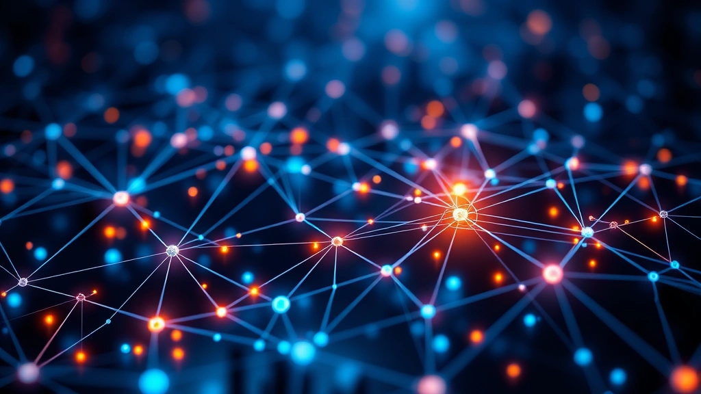 Blockchain network visualization with interconnected nodes and glowing data streams, abstract representation of distributed ledger technology, crypto network architecture with nodes communicating, photorealistic modern aesthetic