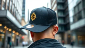 Professional photograph of someone wearing a premium bitcoin hat in an urban setting, modern streetwear aesthetic, natural daylight, showing the hat's design details and quality craftsmanship without visible text or logos