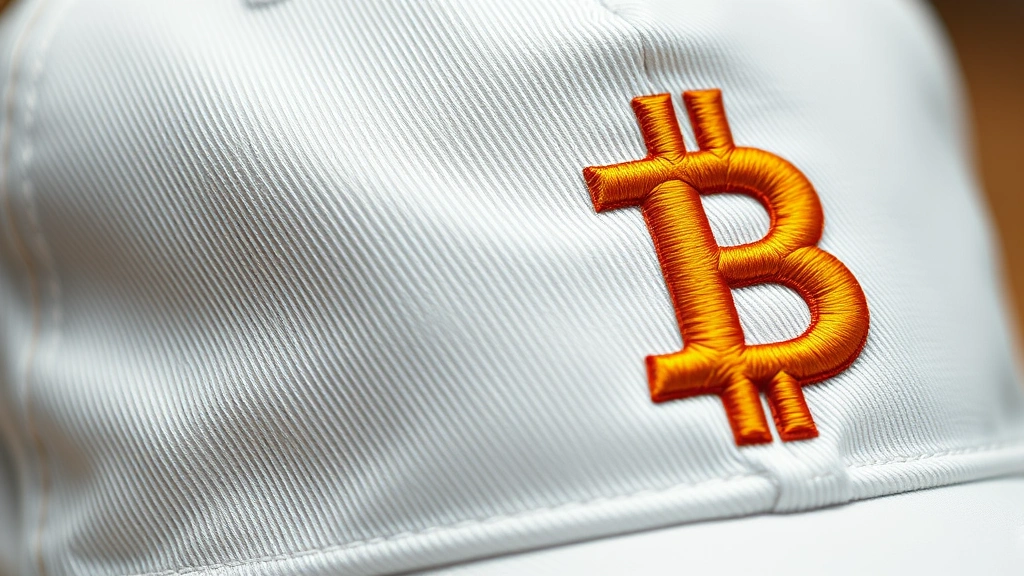 Close-up of premium embroidered Bitcoin orange logo on high-quality cotton baseball cap, professional photography, natural daylight, showing texture detail of raised embroidery thread