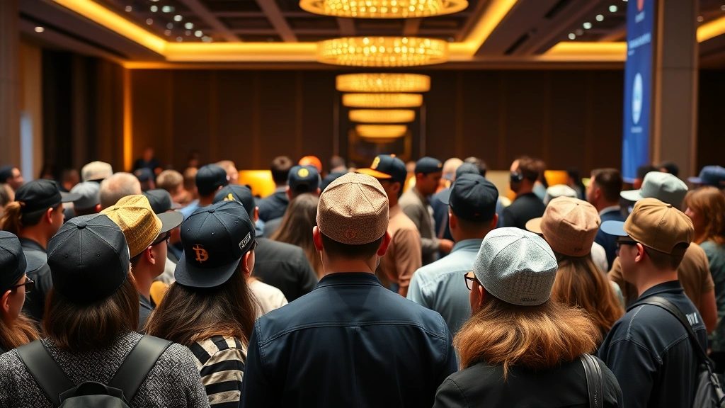 Diverse group of people at a cryptocurrency conference wearing various bitcoin hat styles, networking and conversing, modern conference venue interior, warm lighting, showing different hat designs and color variations