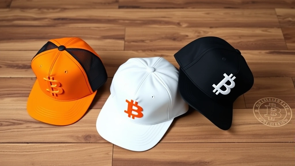 Flat lay arrangement of three different styled Bitcoin hats in various colors including classic orange, black, and white, displayed on wooden surface with subtle cryptocurrency themed background