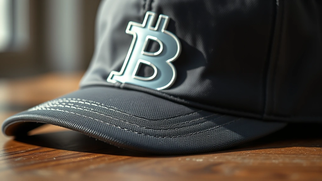 Close-up detail shot of a high-quality bitcoin hat showing embroidery work, material texture, and construction quality, positioned on a wooden surface with natural lighting, emphasizing craftsmanship without readable text