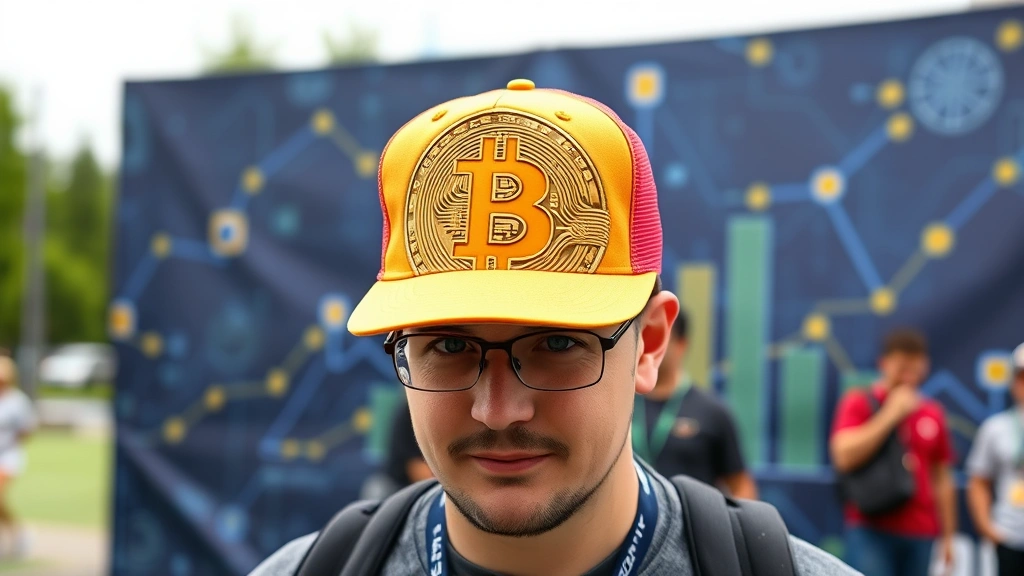 Person wearing Bitcoin hat at outdoor crypto conference, standing in front of blockchain-themed backdrop, showing practical daily wear style and comfort fit