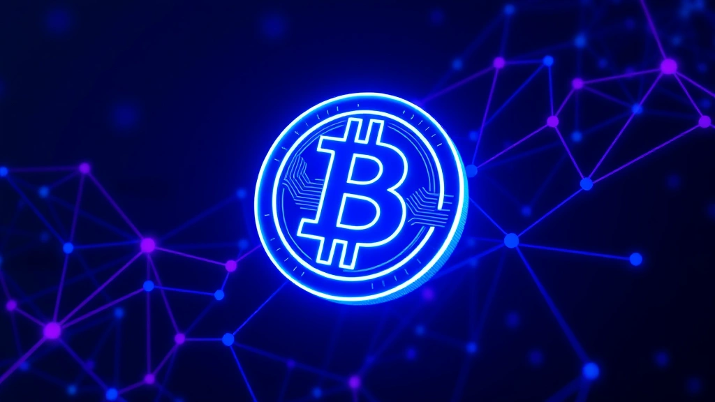 Digital Bitcoin symbol glowing with blue and purple neon lights against dark abstract blockchain network background, representing cryptocurrency trading technology and security