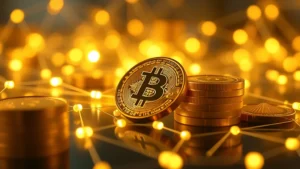 Photorealistic digital representation of Bitcoin cryptocurrency coins and blockchain network nodes connected by glowing lines, symbolizing leveraged trading networks and amplified financial exposure