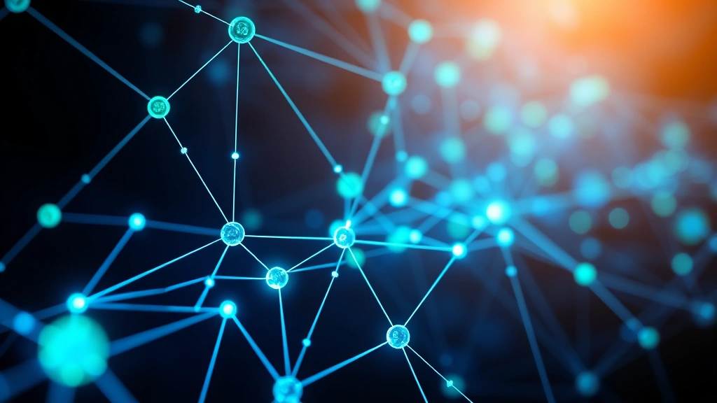 Close-up of a blockchain network visualization with interconnected nodes glowing in blue and green, representing cryptocurrency security and decentralized technology, photorealistic digital art style