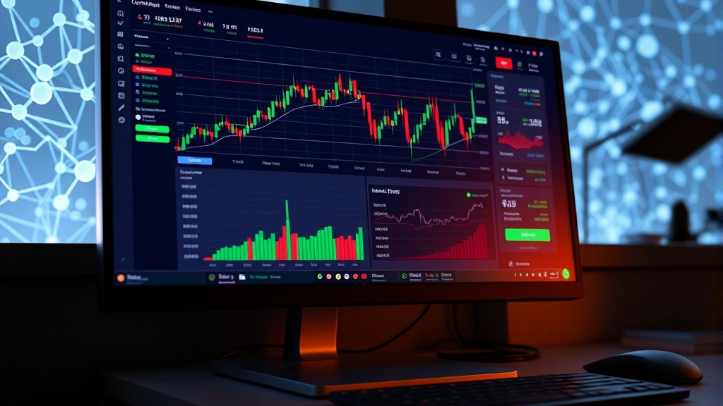 Modern cryptocurrency trading dashboard showing candlestick charts, market data, and trading interface on computer monitor with blockchain network visualization in background