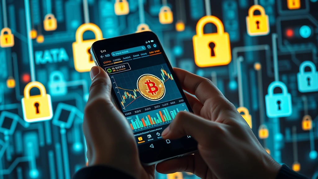 Person using a smartphone displaying cryptocurrency trading charts and bitcoin symbol, surrounded by digital security locks and encrypted data streams, modern fintech aesthetic, photorealistic