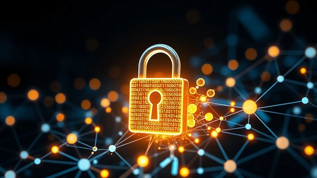 Padlock icon with digital encryption particles and blockchain nodes connected by glowing lines, symbolizing cryptocurrency platform security and wallet protection measures