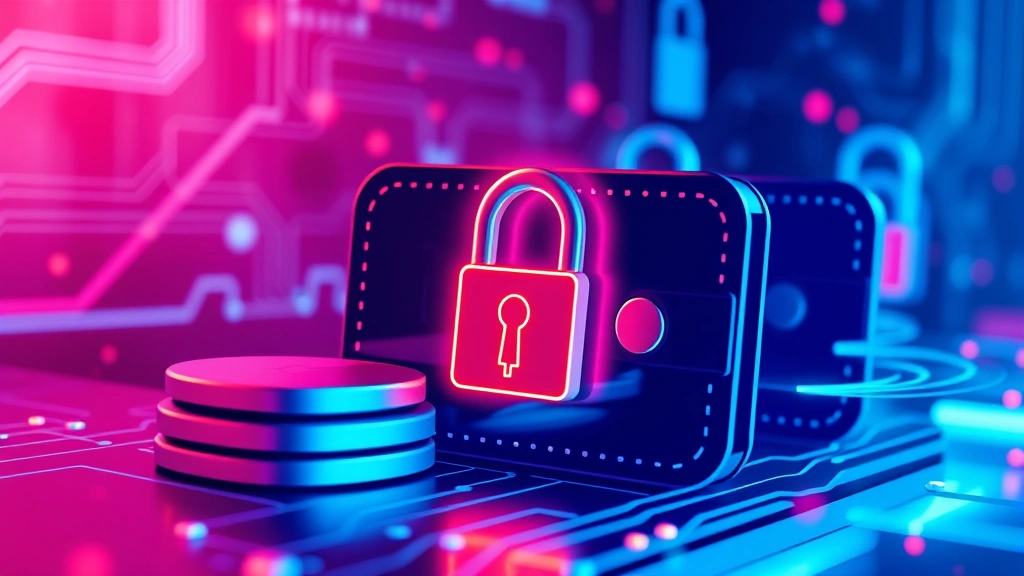 Abstract representation of cryptocurrency wallets and digital assets with padlock symbols, representing secure crypto storage and financial protection, glowing neon style, photorealistic rendering