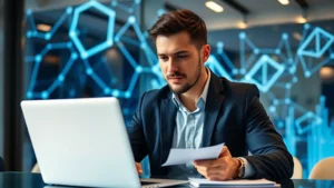 Professional cryptocurrency investor reviewing presale documentation on laptop with blockchain network visualization in background, office setting with modern technology