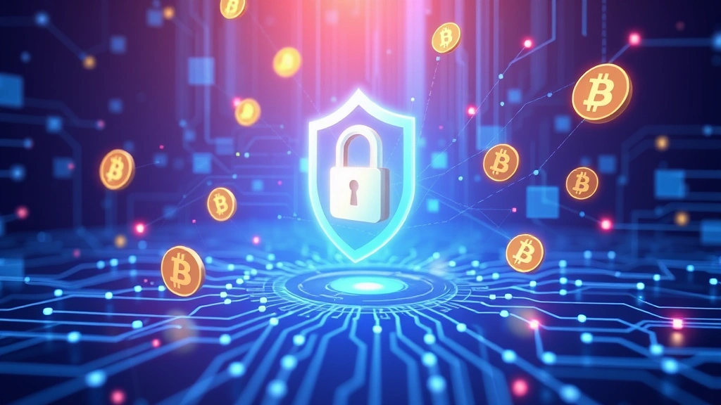 Digital security concept showing blockchain wallet protection, encrypted transactions, and cybersecurity elements with cryptocurrency symbols floating in digital space