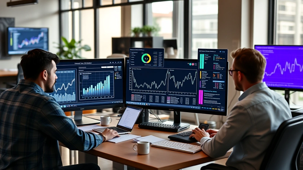 Team of cryptocurrency developers collaborating on whitepaper and roadmap planning, displaying charts and technical documentation on screens in contemporary workspace