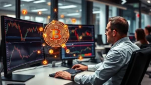 Photorealistic image of a professional cryptocurrency trader analyzing Bitcoin charts on multiple monitors in a modern office, with blockchain network visualization holographically displayed in the background, no text visible