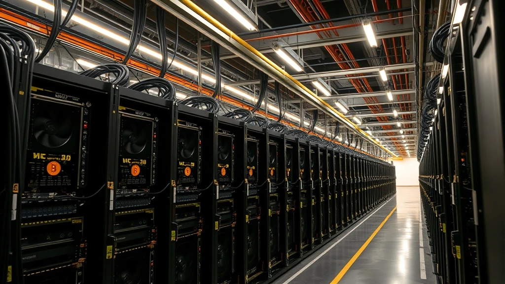 Photorealistic photograph of Bitcoin mining operation with rows of ASIC mining rigs running under bright LED lighting in an industrial warehouse facility, showcasing the computational infrastructure behind Bitcoin network security