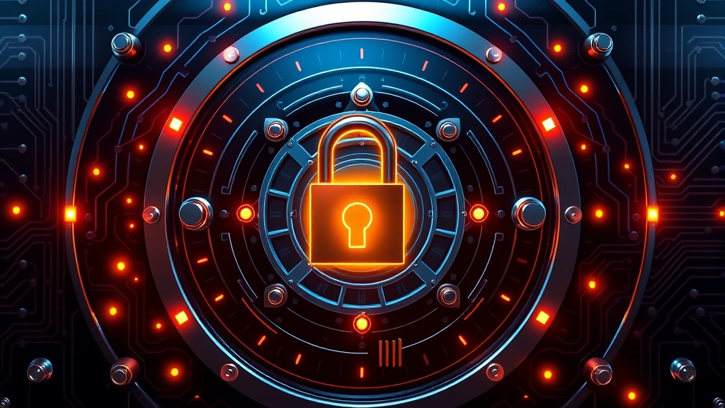 Digital security vault with cryptographic locks and authentication mechanisms, representing blockchain security protocols and cryptocurrency protection systems with glowing circuit patterns