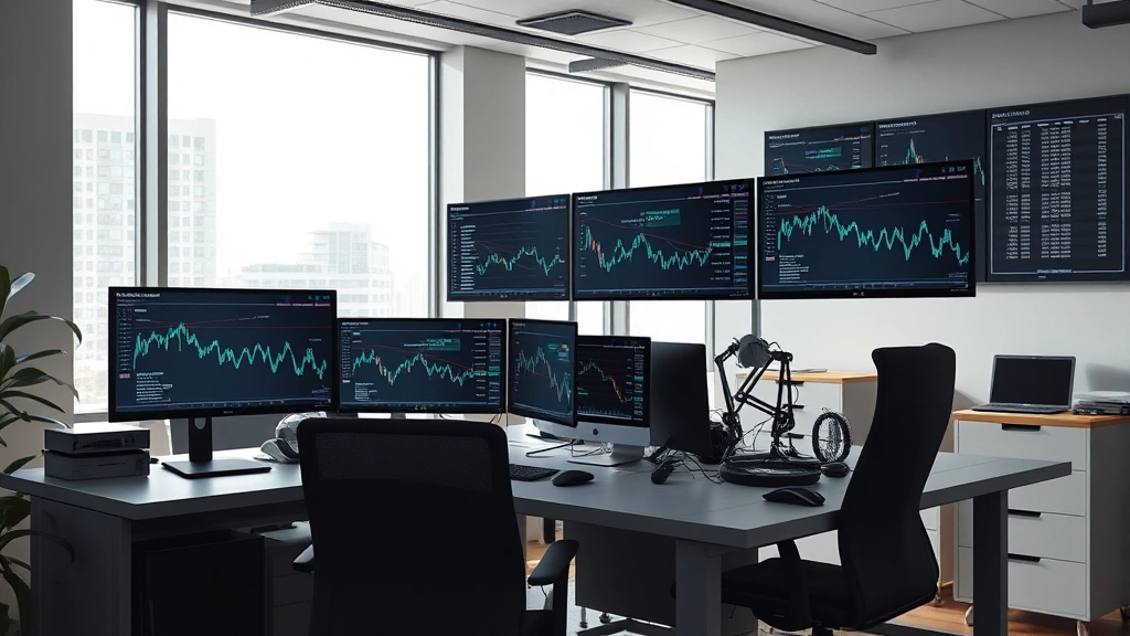 Photorealistic image of a modern cryptocurrency trading desk setup with multiple monitors displaying blockchain data, surrounded by minimalist office technology, natural lighting from large windows, no text or charts visible