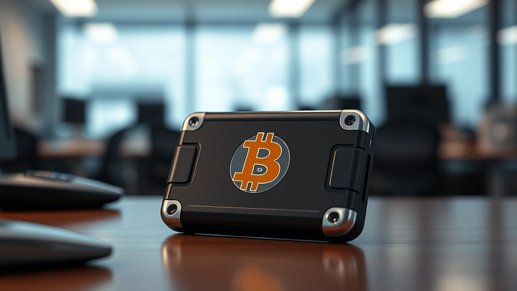 Photorealistic photograph of a secure Bitcoin hardware wallet device placed on a desk with soft focus office environment background, emphasizing security and technology, no visible text or serial numbers
