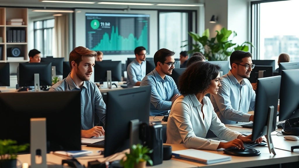 Photorealistic image of a diverse group of professionals in a modern cryptocurrency company office, collaborating at workstations with blockchain-related technology visible, natural daylight, no screens showing sensitive data