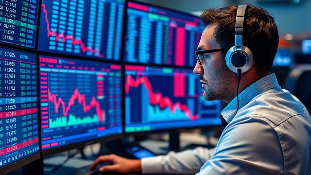 Professional trader analyzing digital order book on multiple monitors, showing buy and sell orders stacked at different price levels, vibrant blue and red color coding, modern trading desk environment, focused concentration