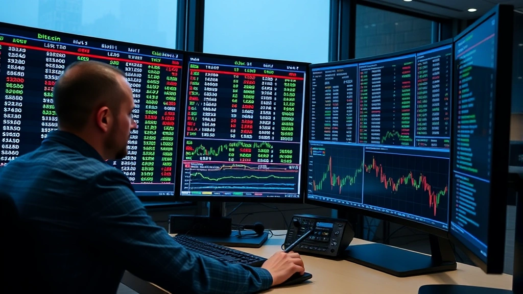 Professional cryptocurrency trader analyzing bitcoin order book on multiple computer monitors with real-time data flowing across screens, showing buy and sell order levels